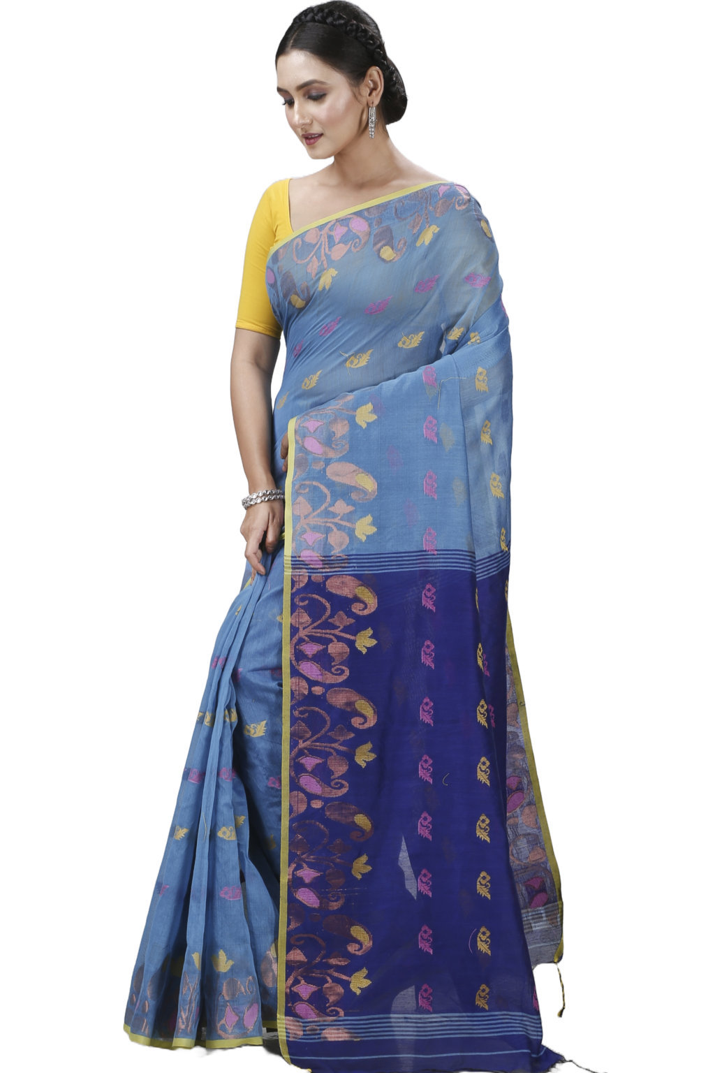 See Blue Blended Cotton Banu Hand Loom Saree (1286)